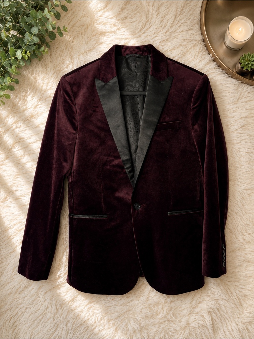 Express Men's Deep Burgundy Velvet Tuxedo Jacket with Black Satin Lapel